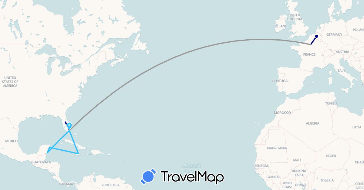TravelMap itinerary: driving, plane, boat in Belgium, France, Jamaica, Cayman Islands, Mexico, United States (Europe, North America)
